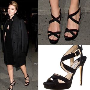 Jimmy Choo ‘Vamp’ Black Seude Celebrity Designer Ankle Strappy Sandal Heels 38.5